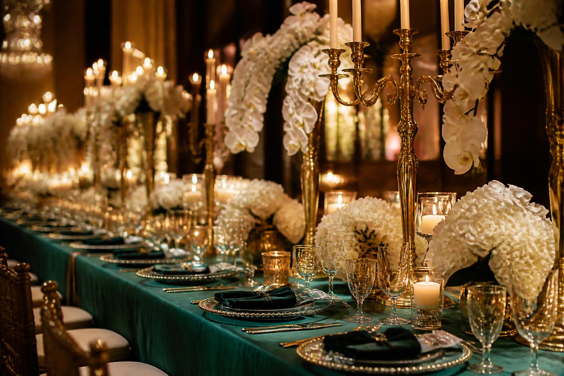 Luxury wedding banquet table with emerald linens and gold candelabras